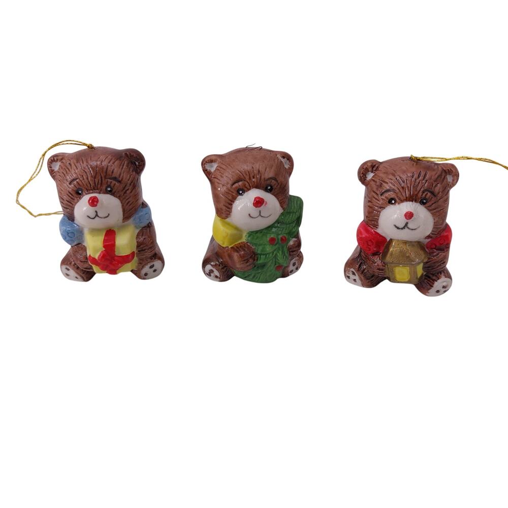 Vtg Teddy Bear Christmas Hanging Ornaments Porcelain Trio